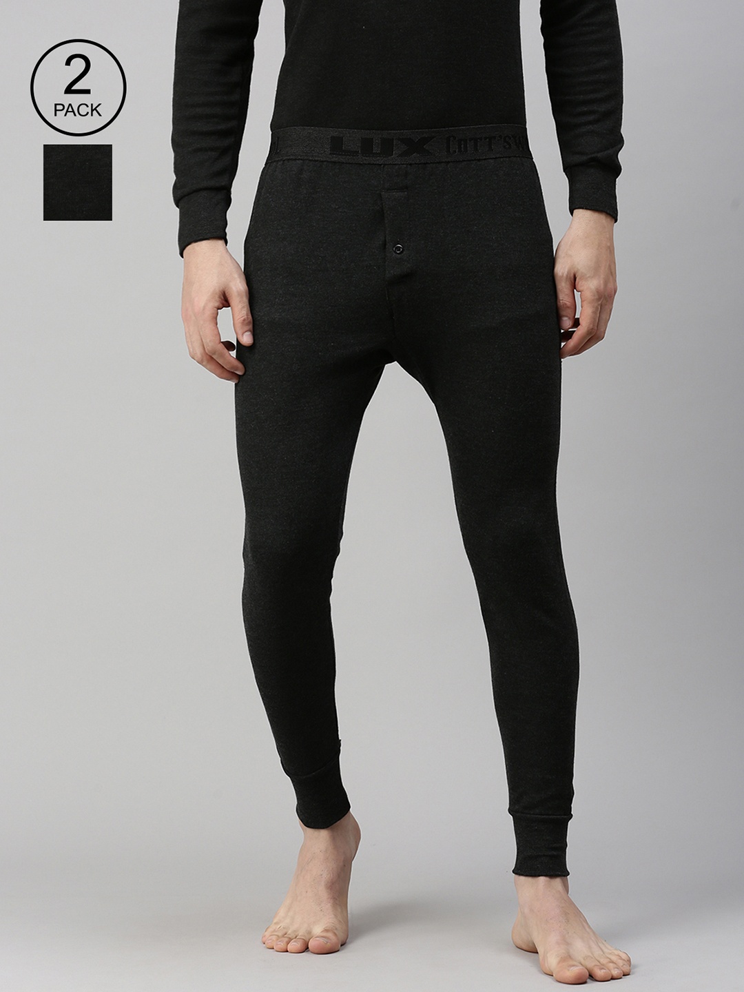 

Lux Cottswool Men Pack of 2 Solid Thermal Bottoms, Black
