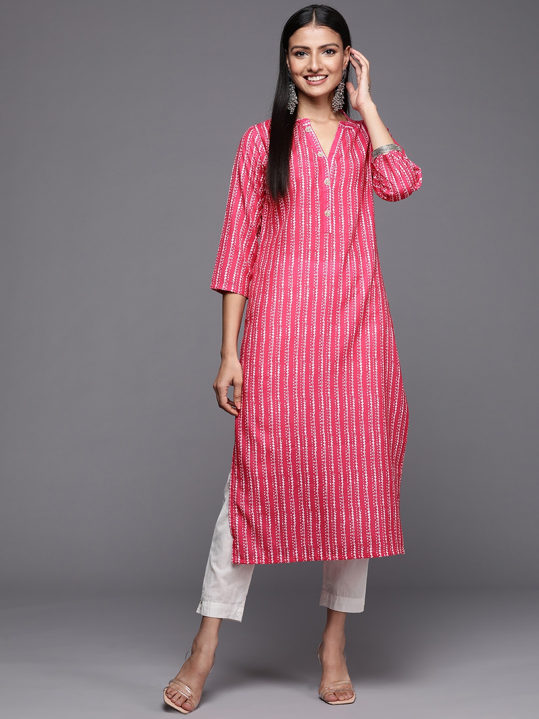 

Varanga Women Fuchsia & White Striped Indie Prints Kurta