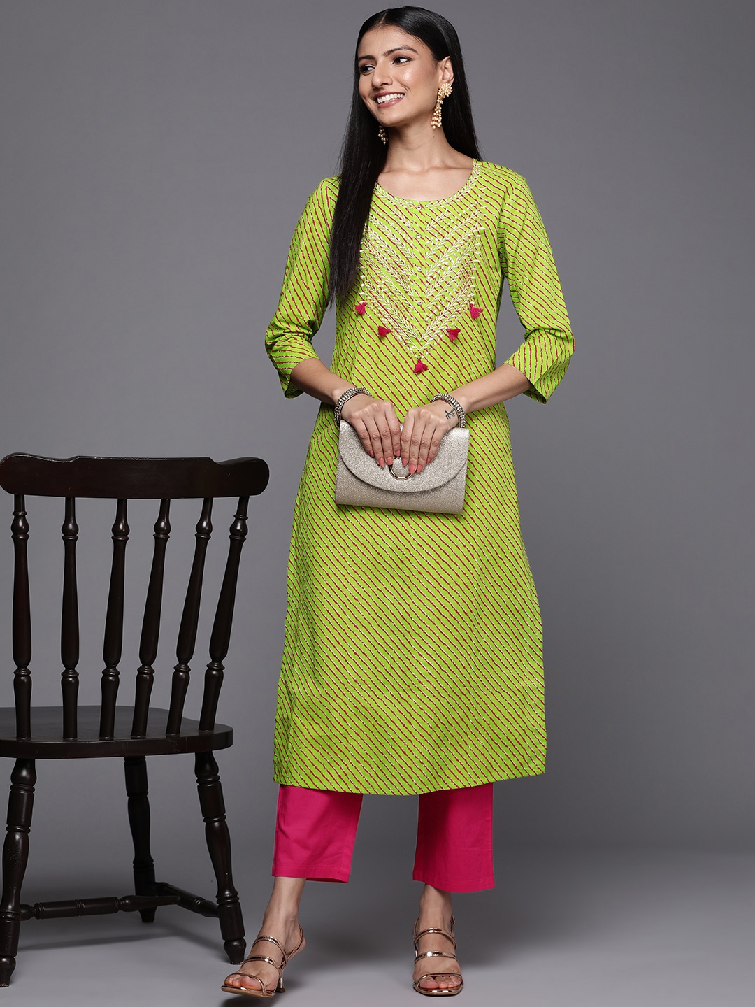 

Varanga Women Green Leheriya Embroidered Pure Cotton Kurta with Trousers