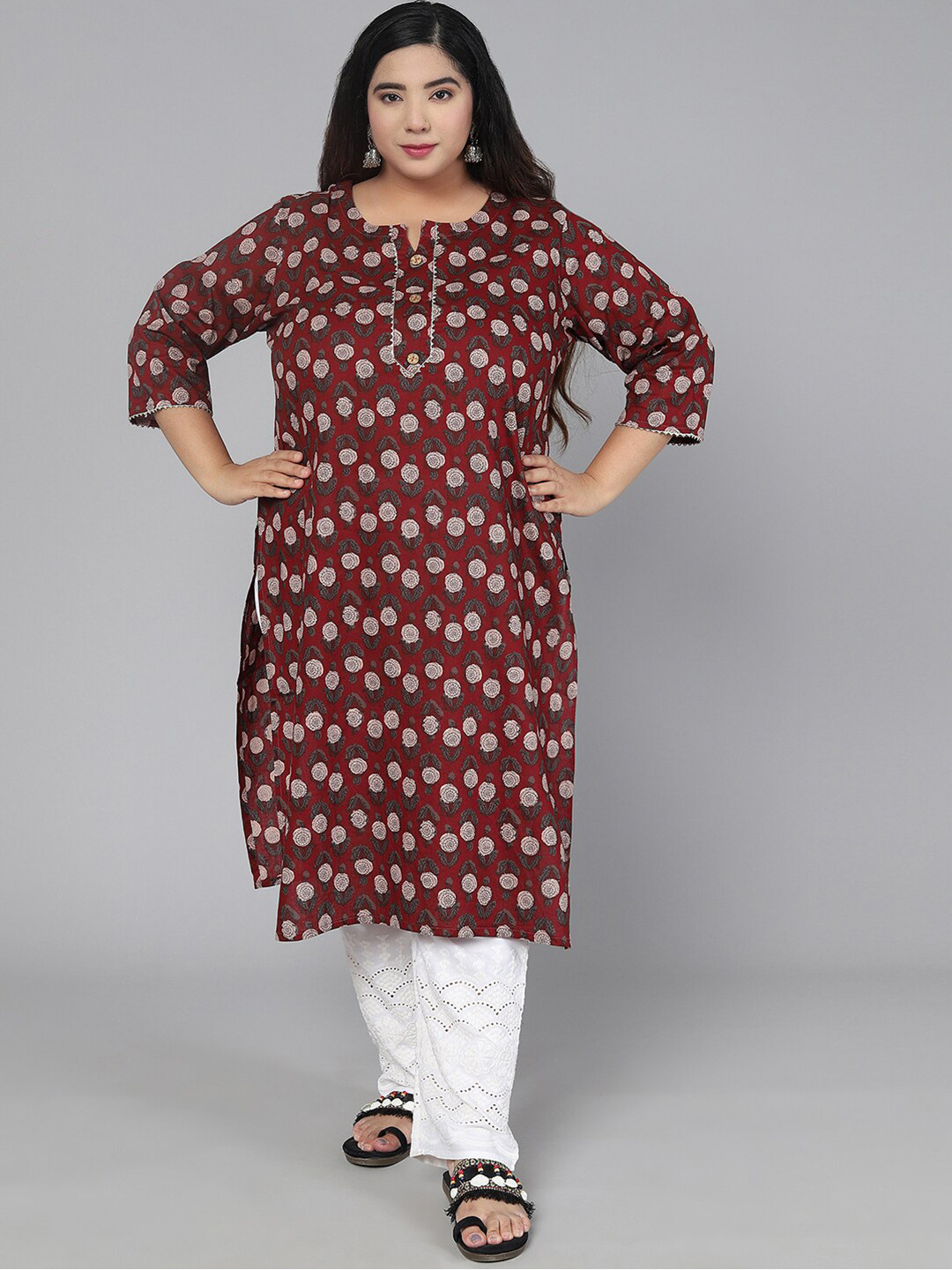 

Jevi Prints Women Plus Size Red & White Floral Printed Kurta