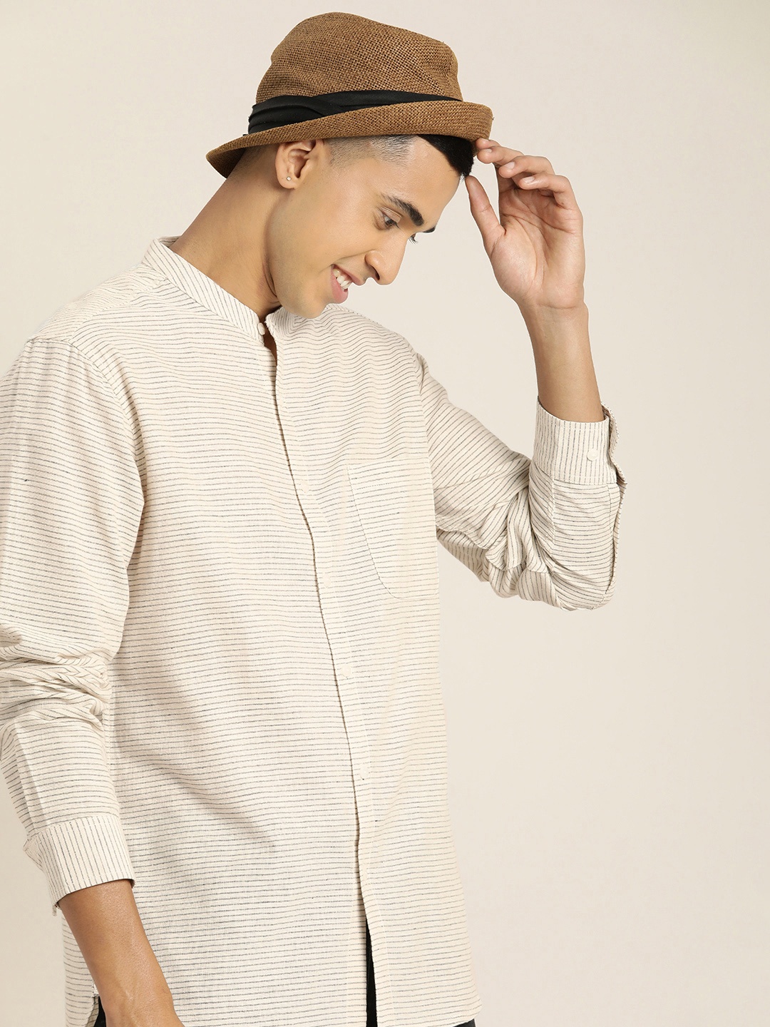 

Taavi Woven Legacy Self-Striped Cotton-Linen Casual Shirt, Off white
