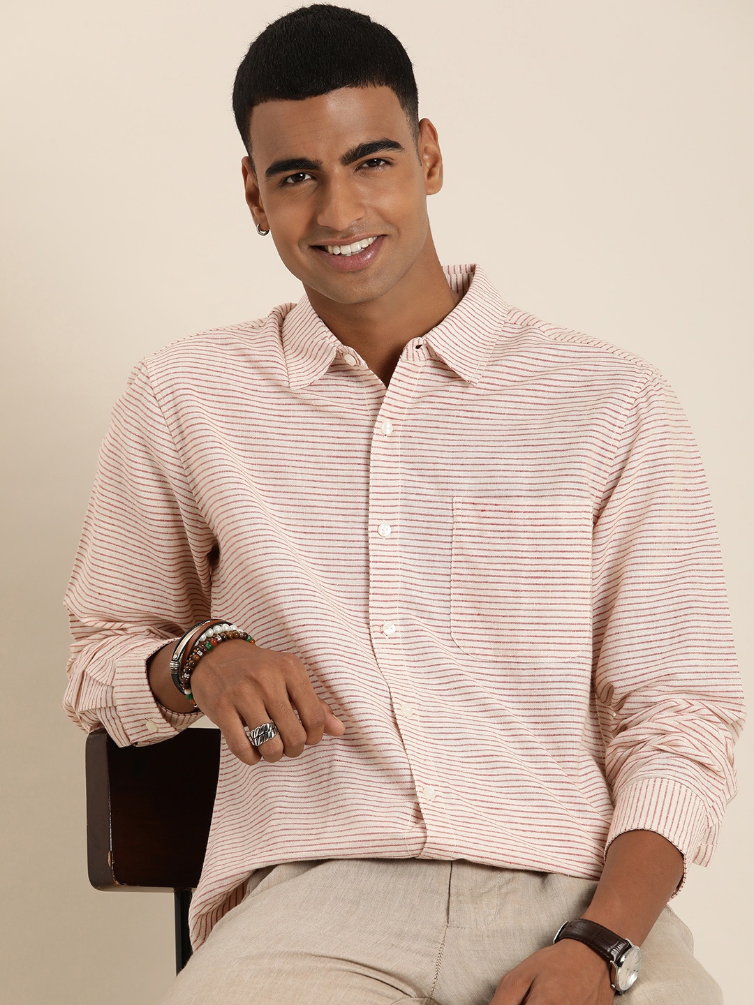 

Taavi Woven Legacy Cotton Linen Horizontal Striped Casual Shirt, Off white