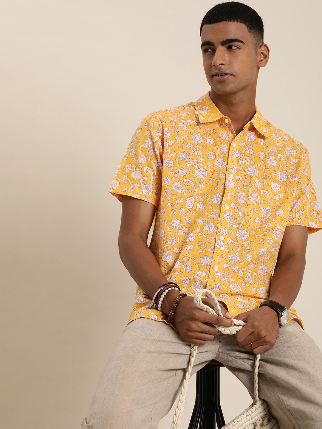 

Taavi Floral Print Pure Cotton Sanganeri Casual Shirt, Mustard