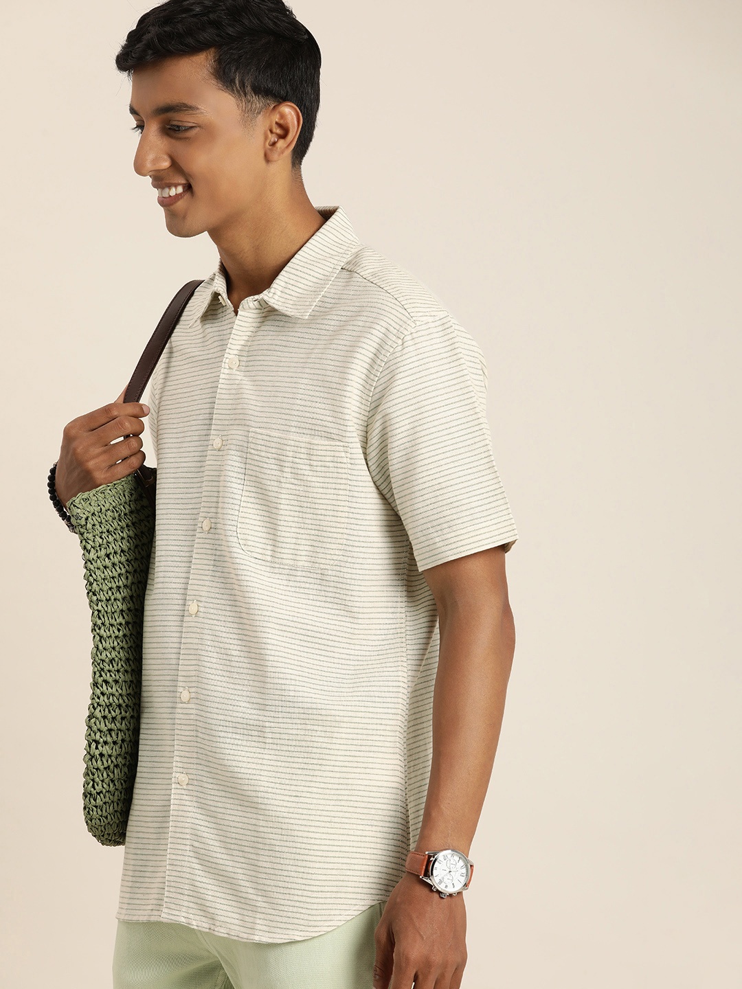 

Taavi Woven Legacy Cotton Linen Horizontal Striped Casual Shirt, Off white