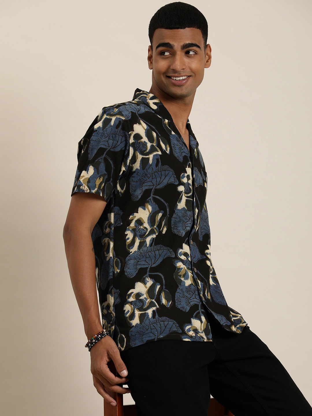 

Taavi Ethnic Motifs Indigo Hand Block Printed Casual Shirt, Black