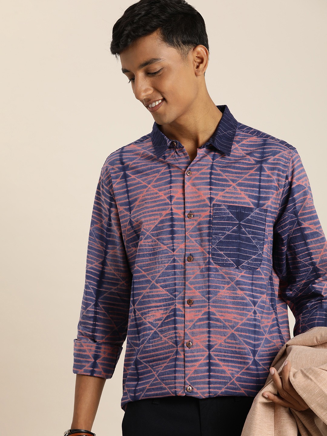 

Taavi Geometric Shibori Printed Pure Cotton Casual Shirt, Purple