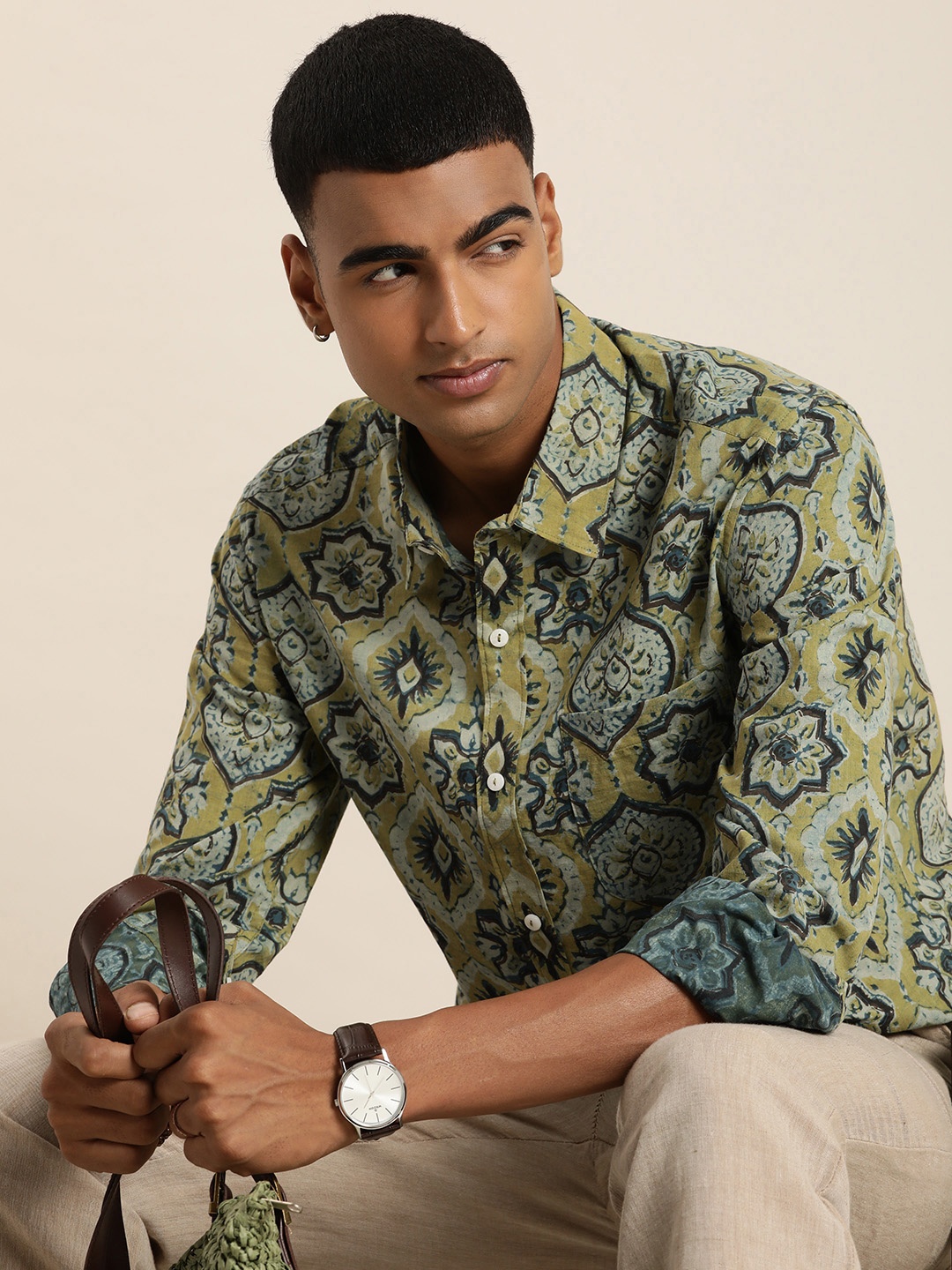 

Taavi Ethnic Motifs Woven Legacy Print Pure Cotton Casual Shirt, Olive