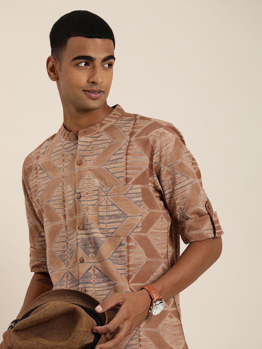 

Taavi Shibori Printed Pure Cotton Casual Shirt, Brown