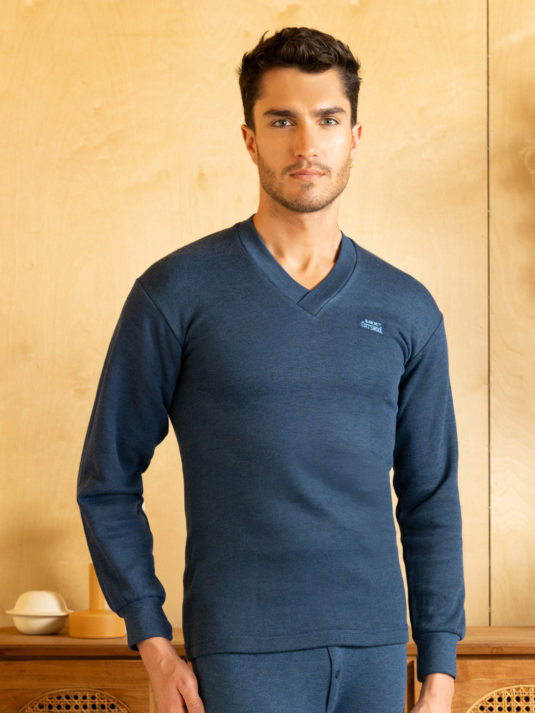 

Lux Cottswool Men Blue Solid Cotton Thermal Tops