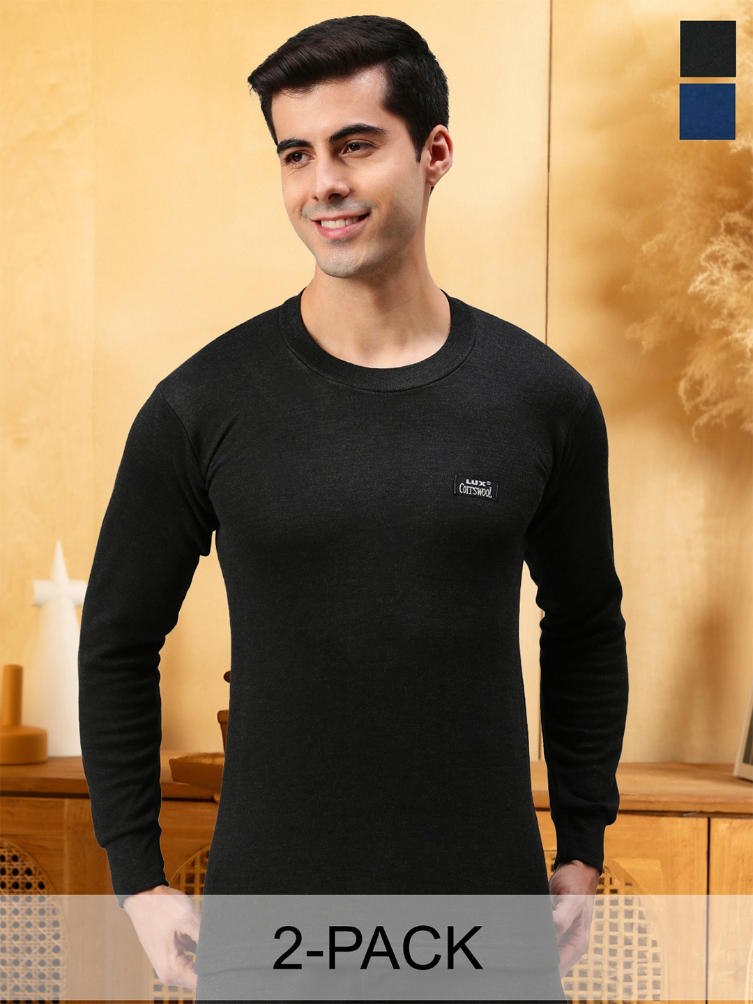 

Lux Cottswool Men Pack Of 2 Black & Blue Solid Cotton Thermal Tops