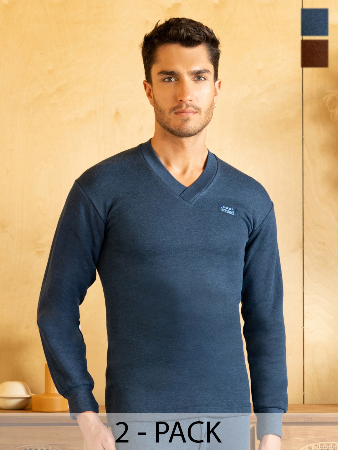 

Lux Cottswool Men Pack Of 2 Solid Cotton Thermal Tops, Blue