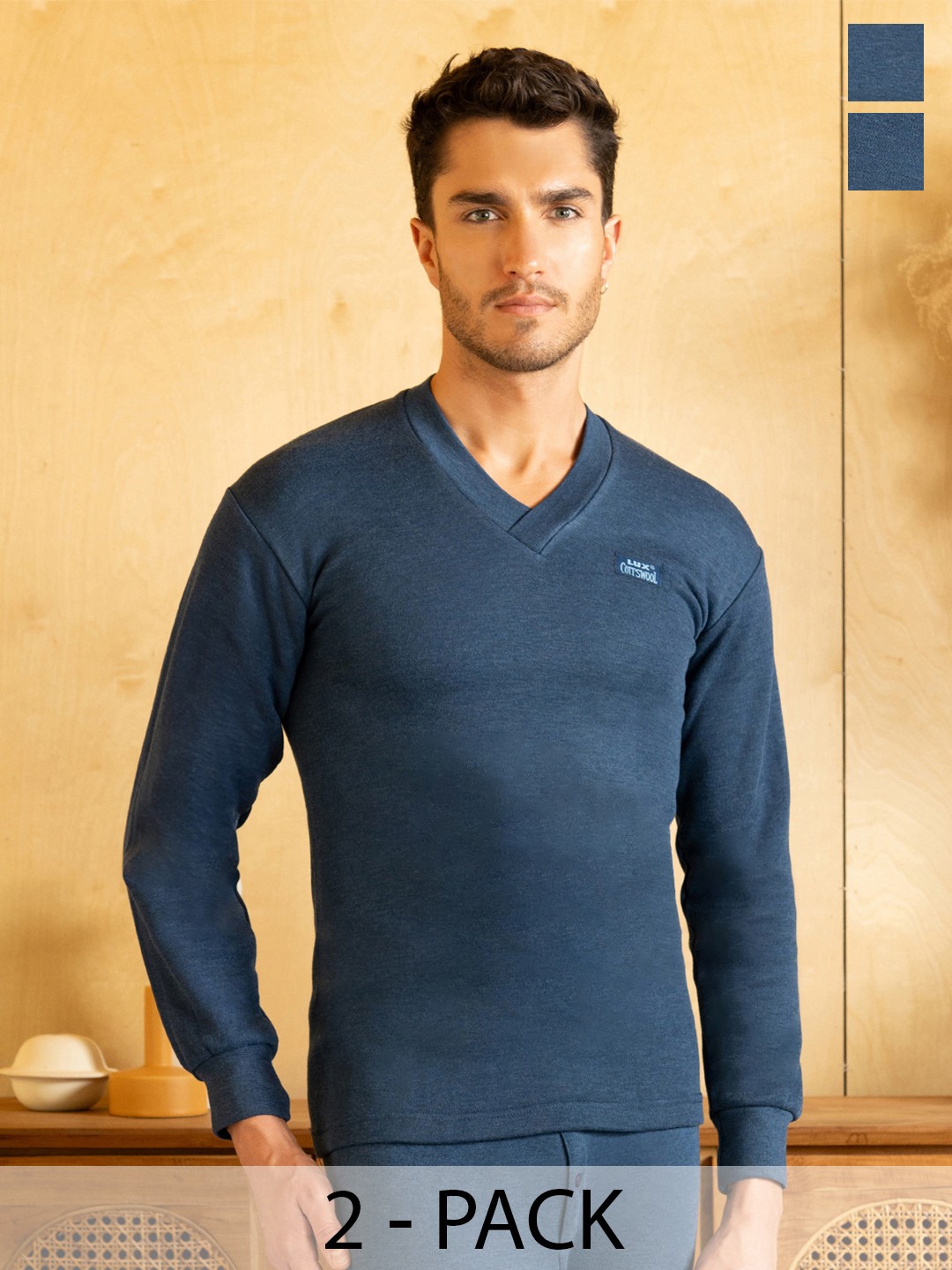 

Lux Cottswool Men Pack Of 2 Blue Solid Cotton Thermal Tops