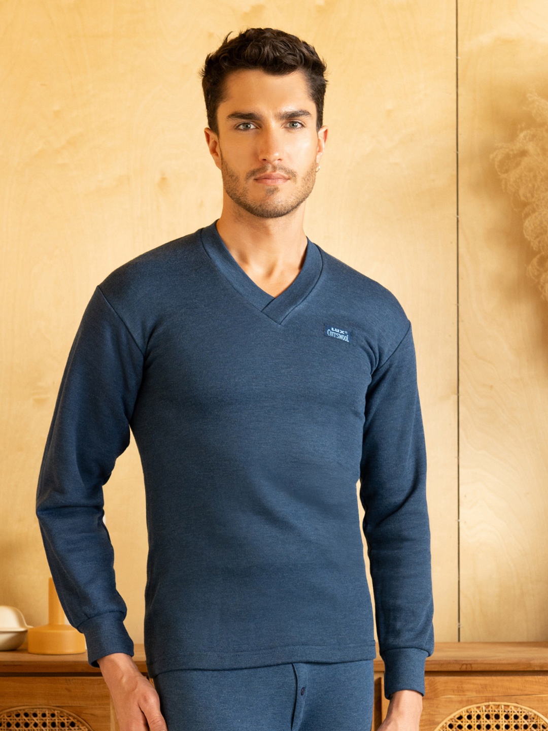 

Lux Cottswool Men Blue Solid Cotton Thermal Top