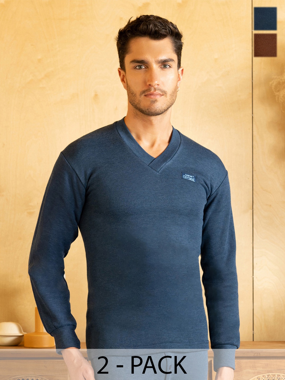 

Lux Cottswool Men Pack of 2 Blue & Brown Solid Thermal Tops