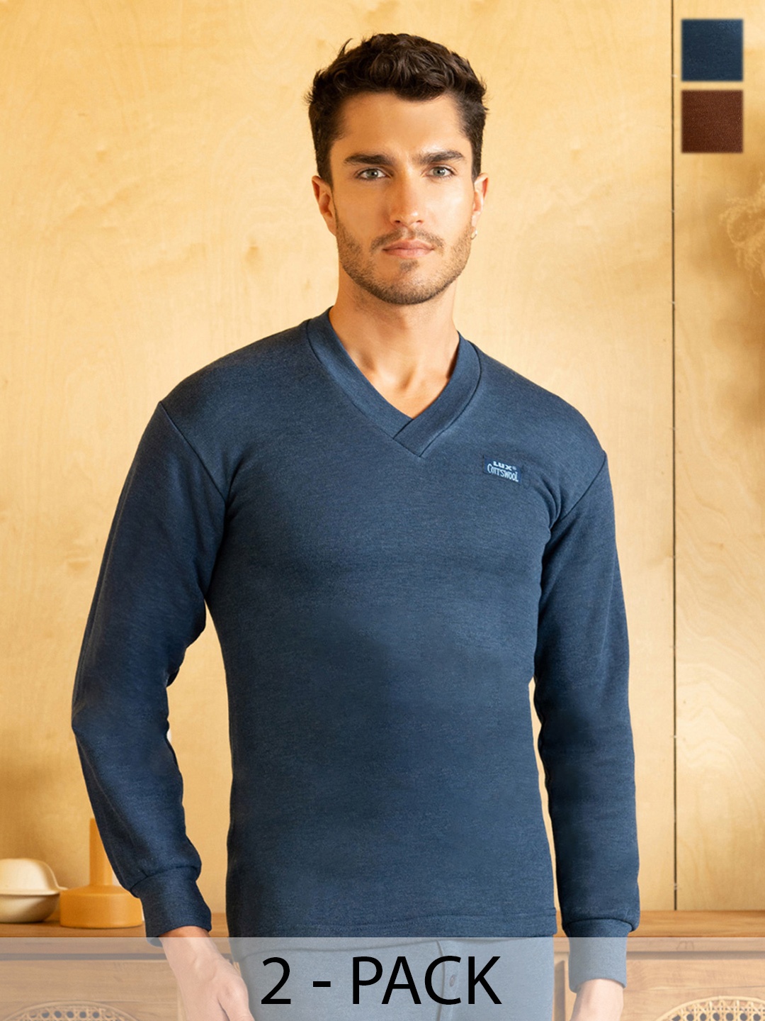 

Lux Cottswool Men Pack Of 2 Solid Cotton Thermal Tops, Blue