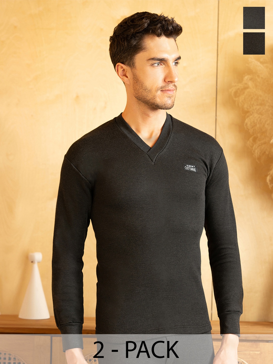 

Lux Cottswool Men Pack Of 2 Solid Cotton Thermal Tops, Black