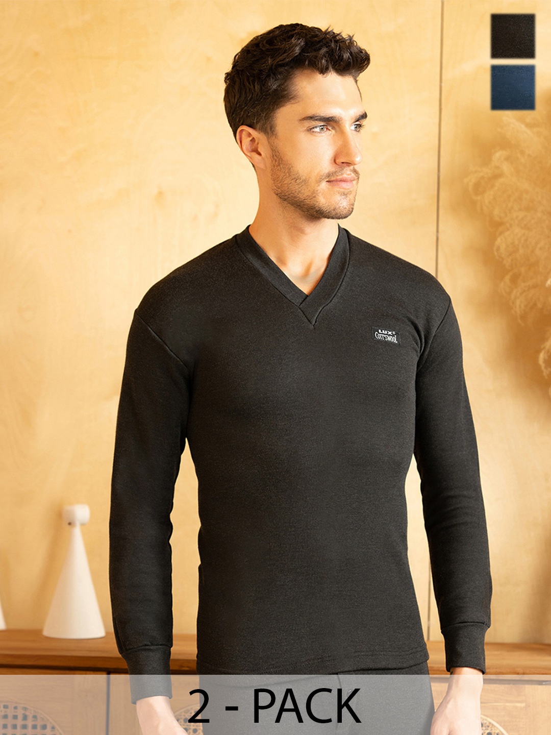 

Lux Cottswool Men Pack of 2 Black & Blue Solid Thermal Tops