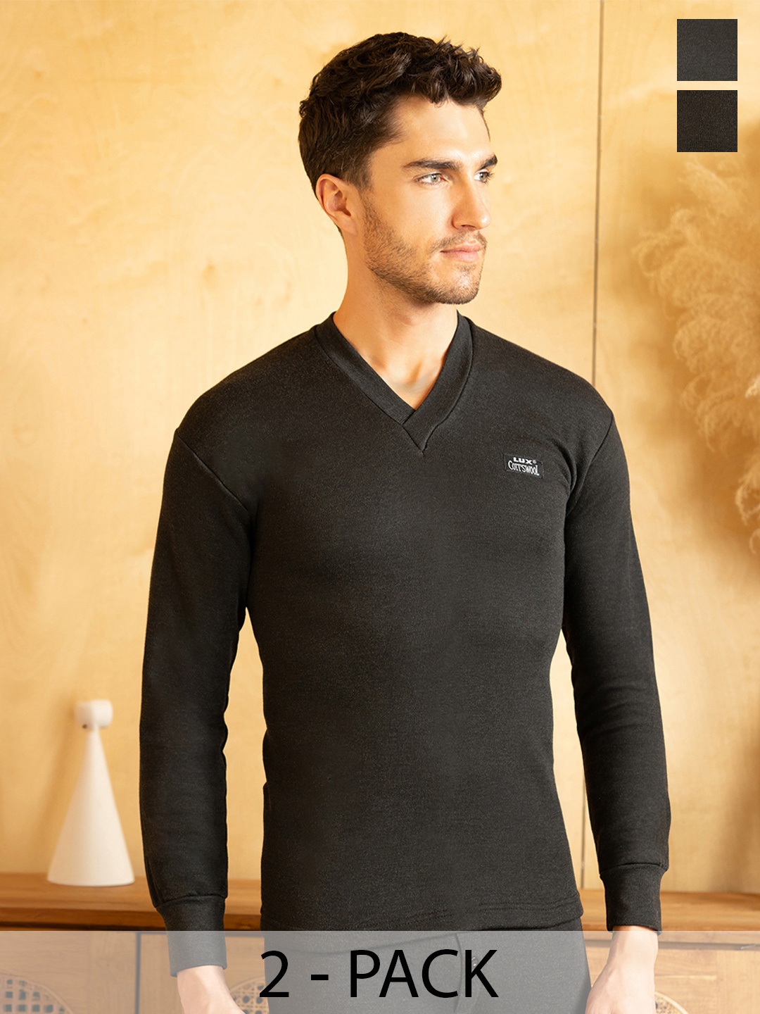 

Lux Cottswool Men Pack Of 2 Solid Slim-Fit Cotton Thermal Top, Black