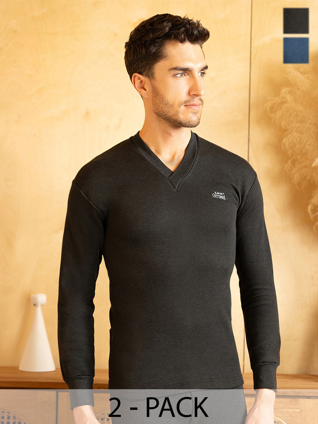 

Lux Cottswool Men Pack Of 2 Black & Blue Solid Cotton Thermal Tops
