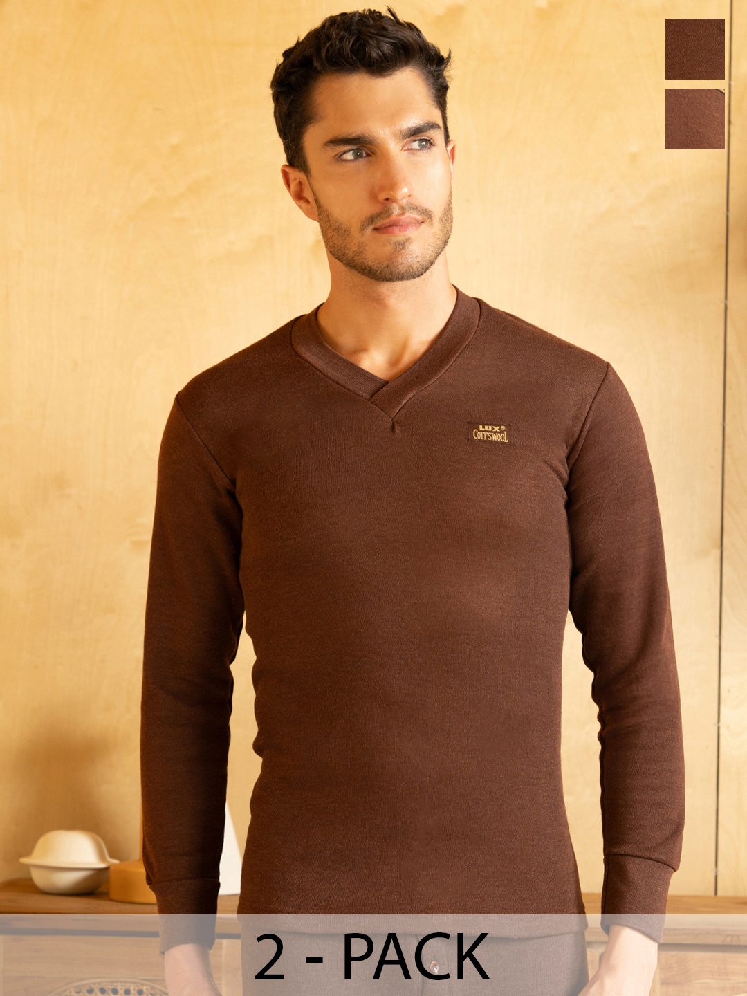 

Lux Cottswool Men Pack Of 2 Solid Cotton Thermal Tops, Brown