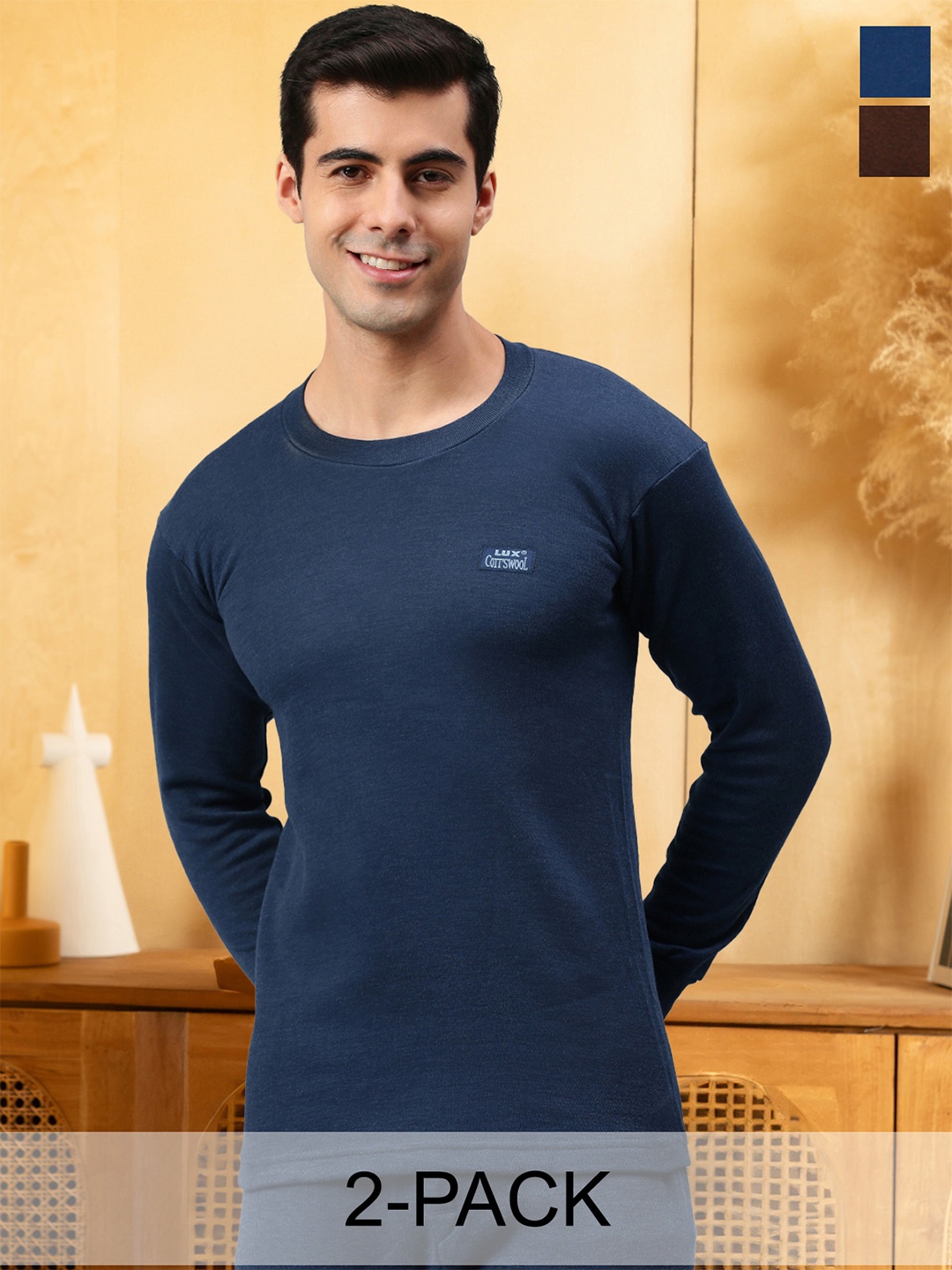 

Lux Cottswool Men Pack Of 2 Blue & Brown Solid Slim-Fit Cotton Thermal Top