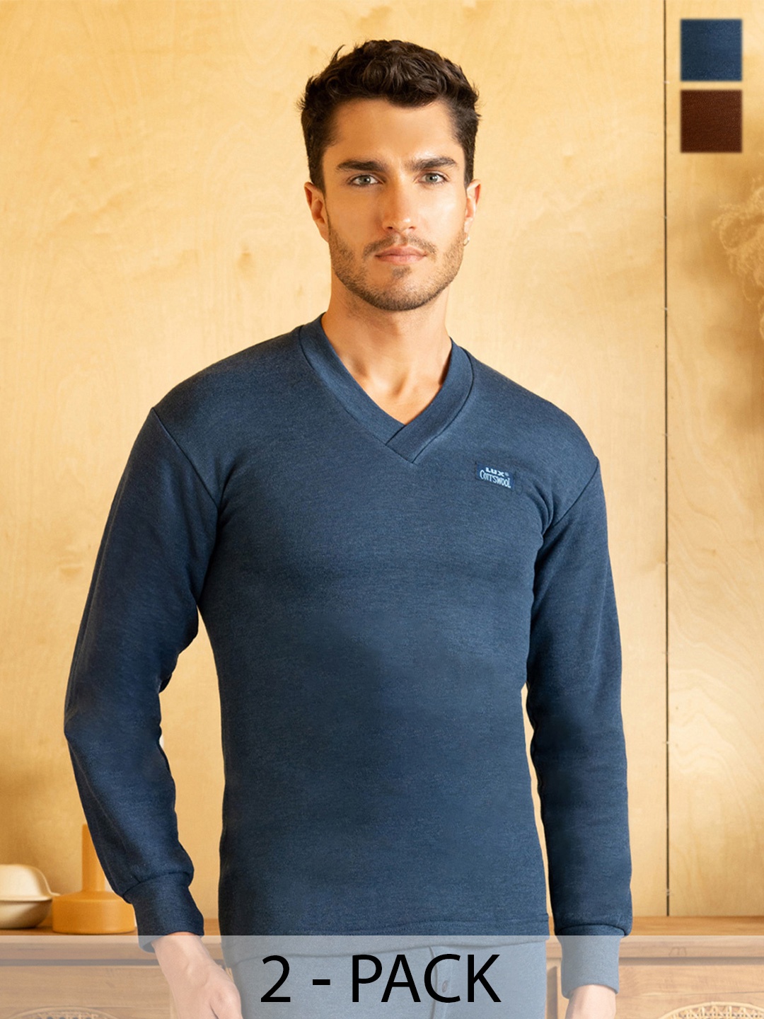 

Lux Cottswool Men Pack of 2 Blue & Brown Thermal Tops