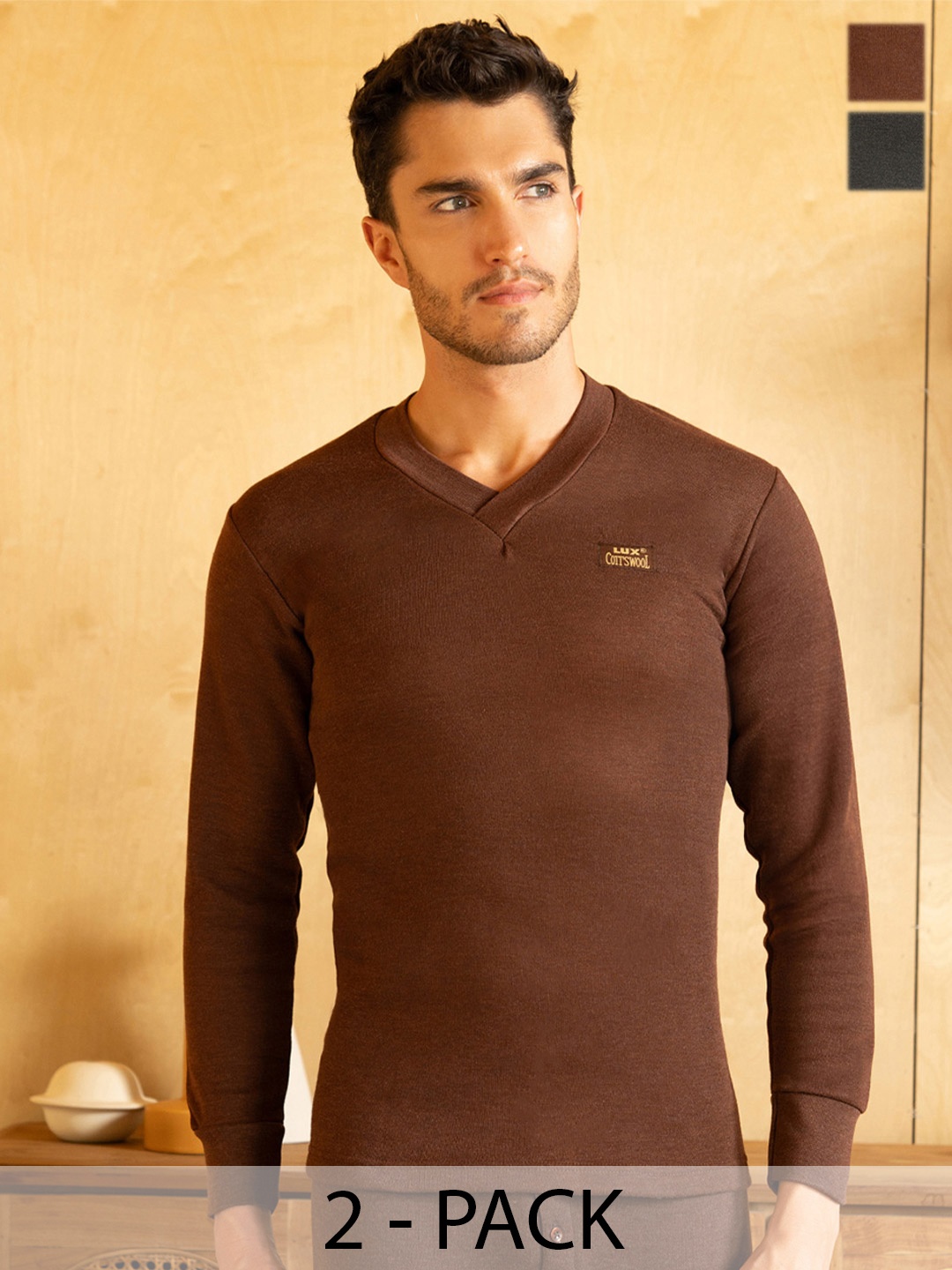 

Lux Cottswool Men Pack Of 2 Black & Brown Solid Slim-Fit Cotton Thermal Top