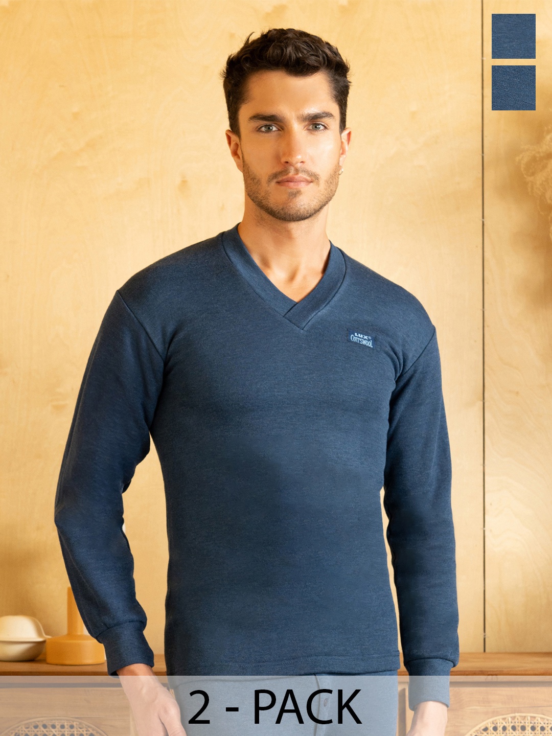 

Lux Cottswool Men Pack Of 2 Solid Cotton Thermal Tops, Blue