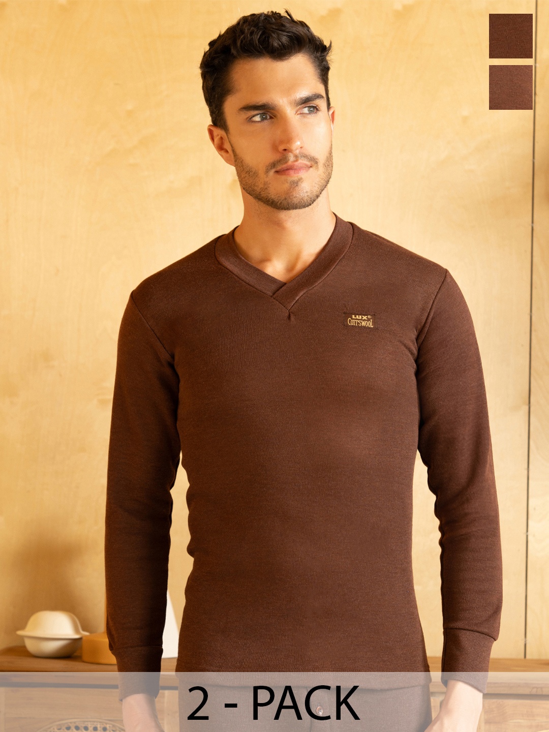 

Lux Cottswool Men Pack Of 2 Solid Cotton Thermal Tops, Brown