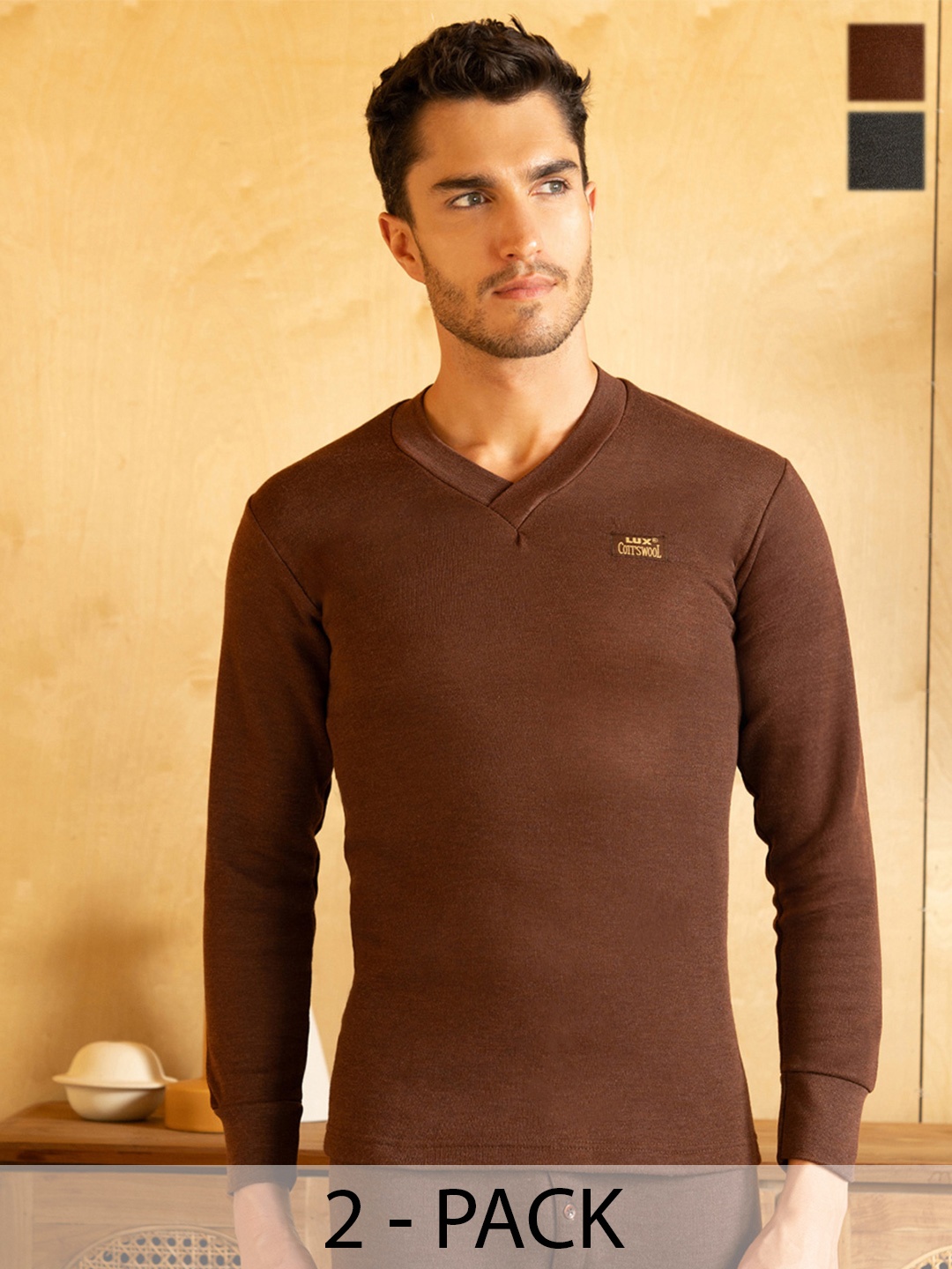 

Lux Cottswool Men Pack Of 2 Solid Cotton Thermal Tops, Black