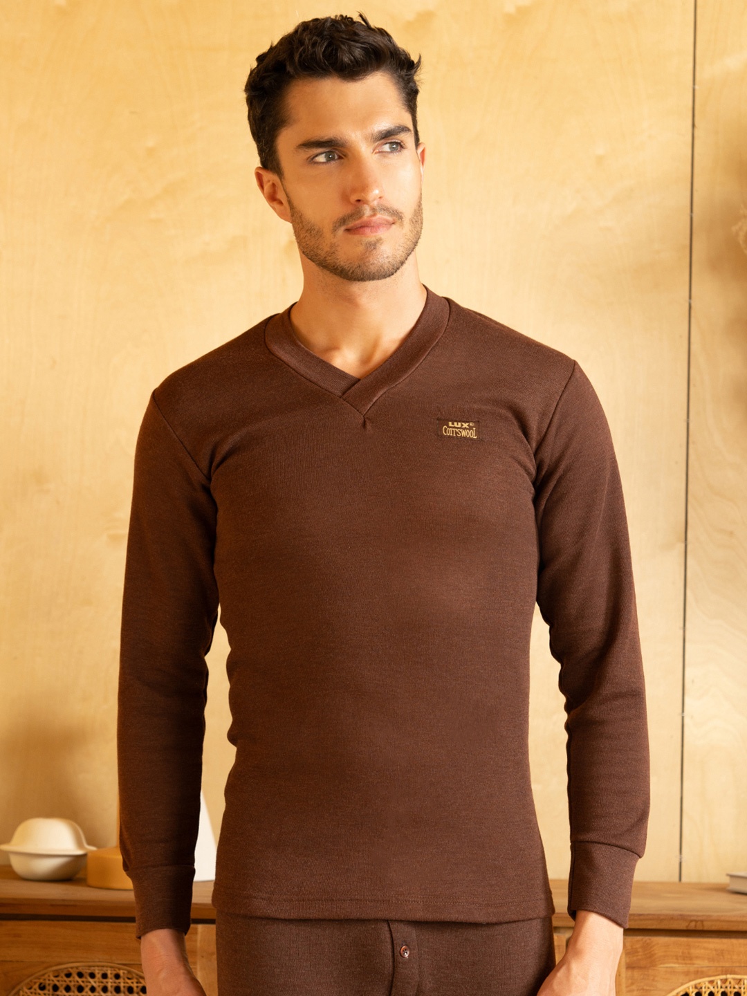 

Lux Cottswool Men Brown Solid Cotton Thermal Top