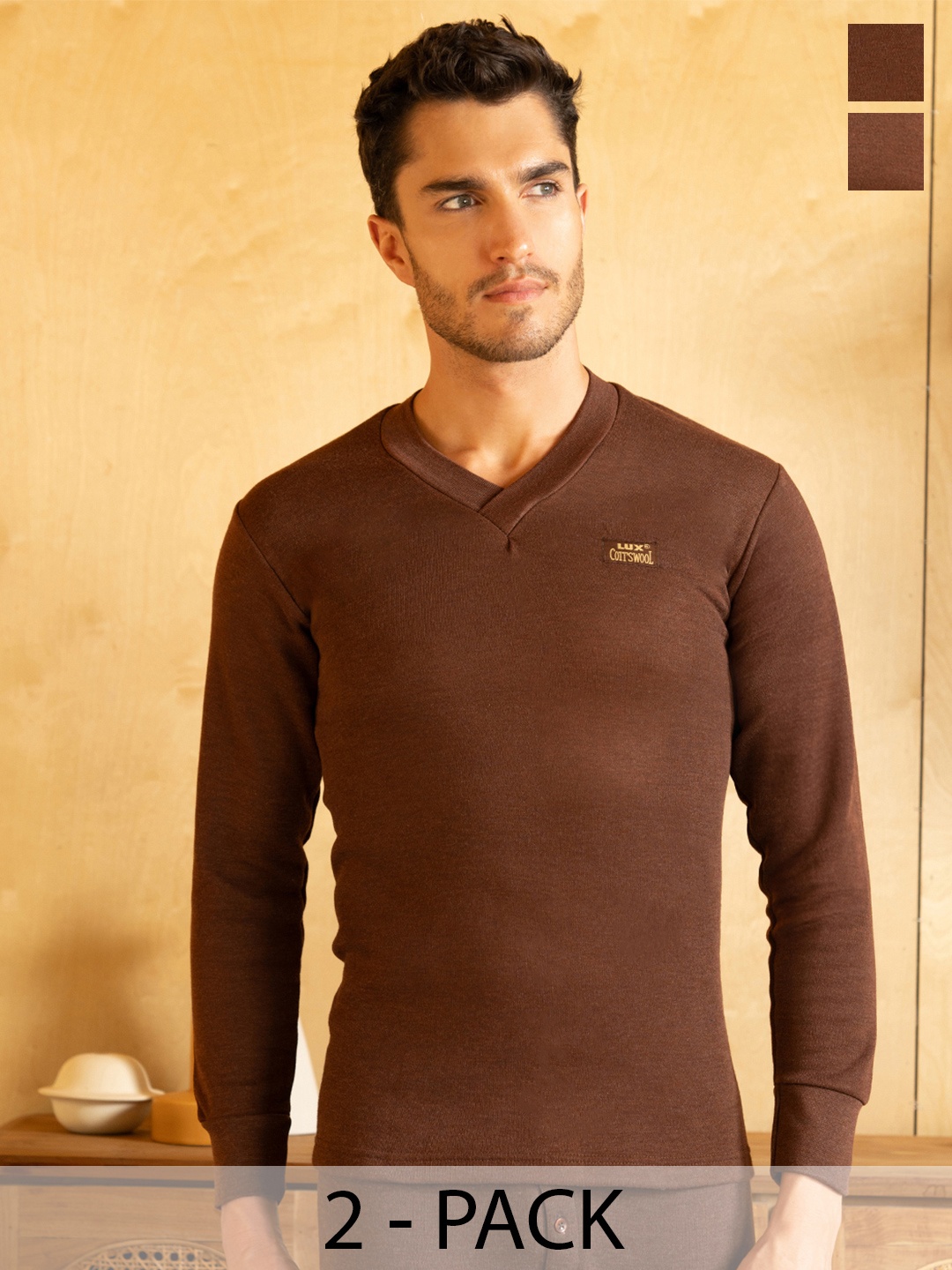 

Lux Cottswool Men Pack Of 2 Solid Cotton Thermal Tops, Brown