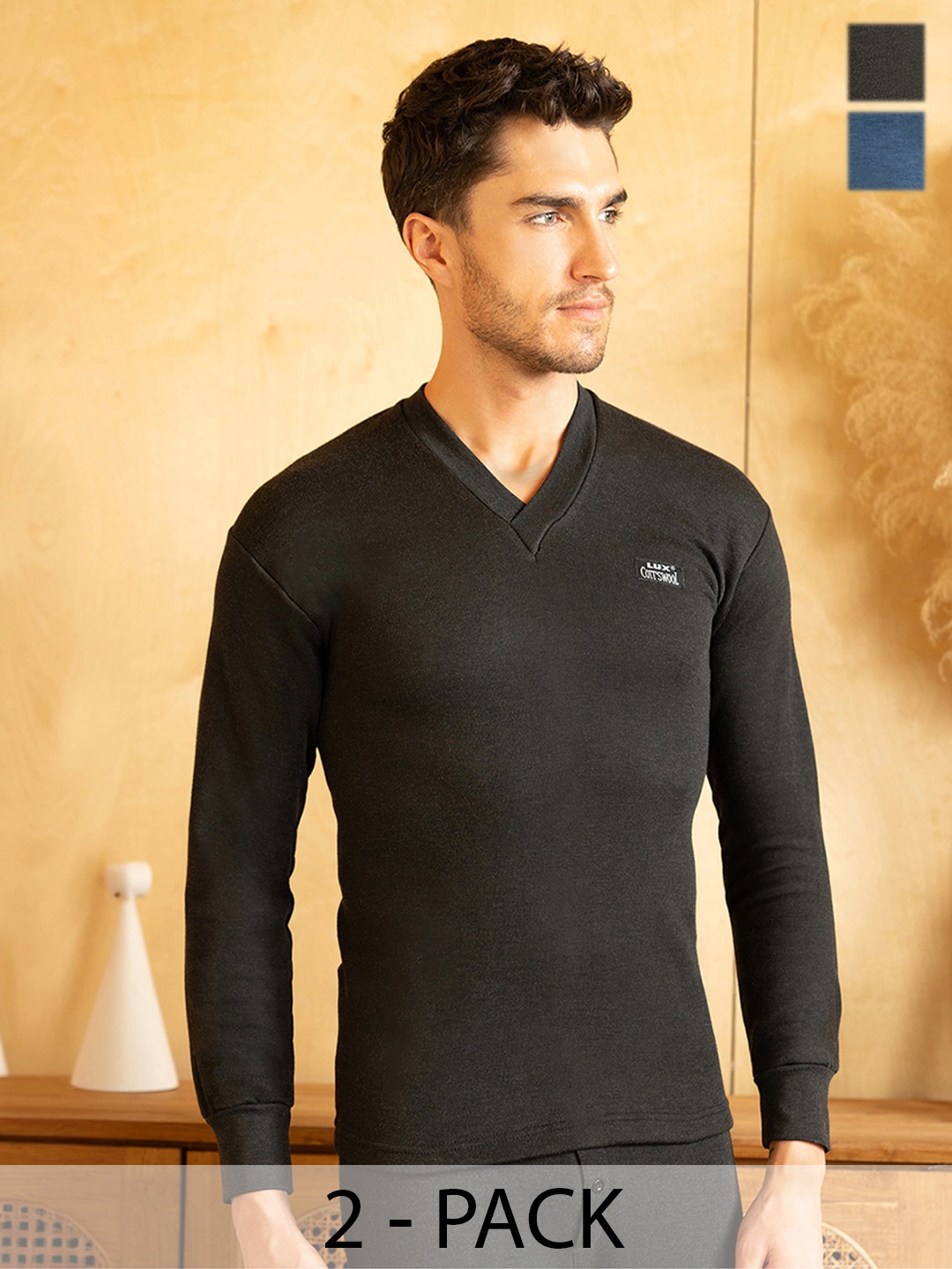 

Lux Cottswool Men Pack Of 2 Black & Blue Solid Cotton Thermal Tops