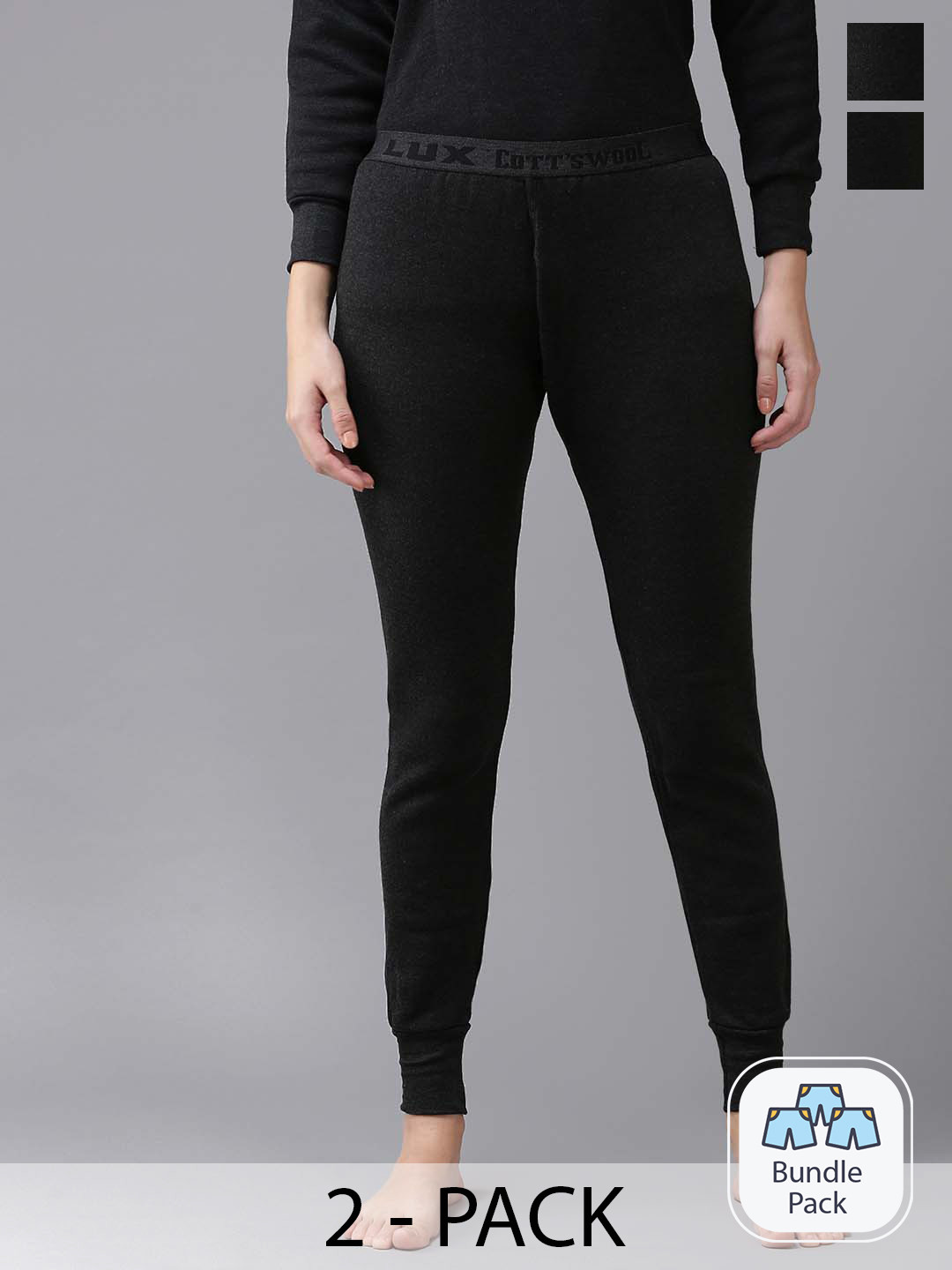 

Lux Cottswool Women Black Pack Of 2 Solid Cotton Thermal Bottoms