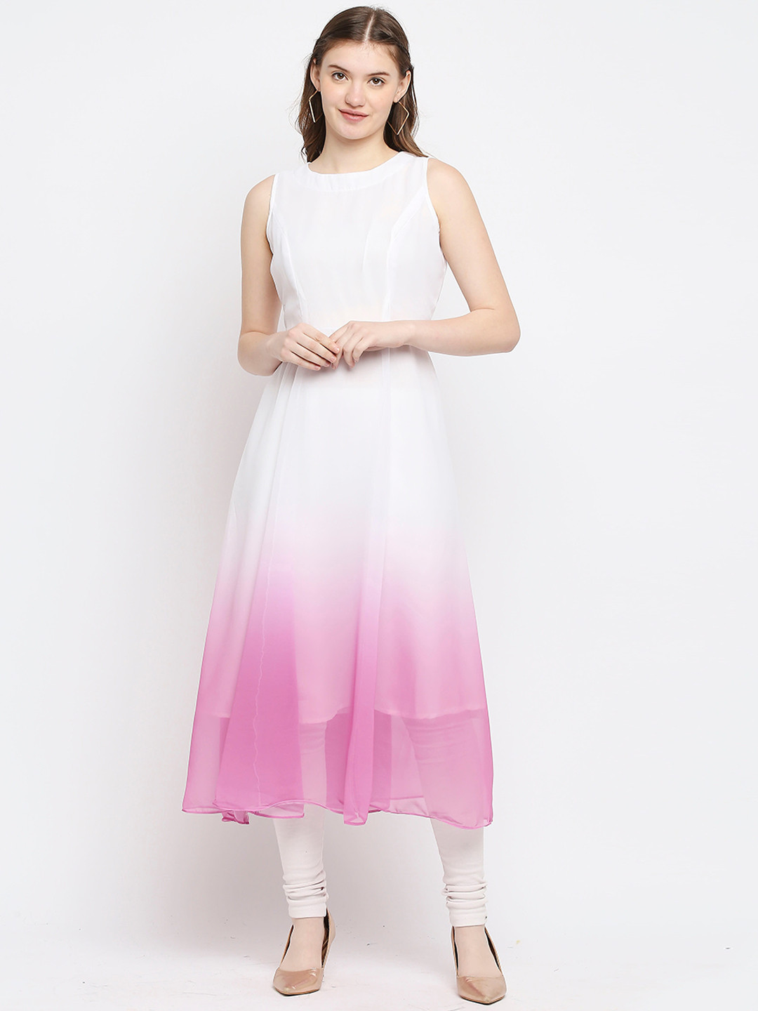 

Ira Soleil Women White & Pink Dyed Georgette Anarkali Kurta