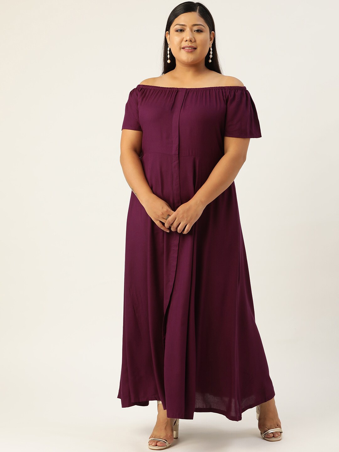 

theRebelinme Women Plus Size Burgundy Off-Shoulder Maxi Dress