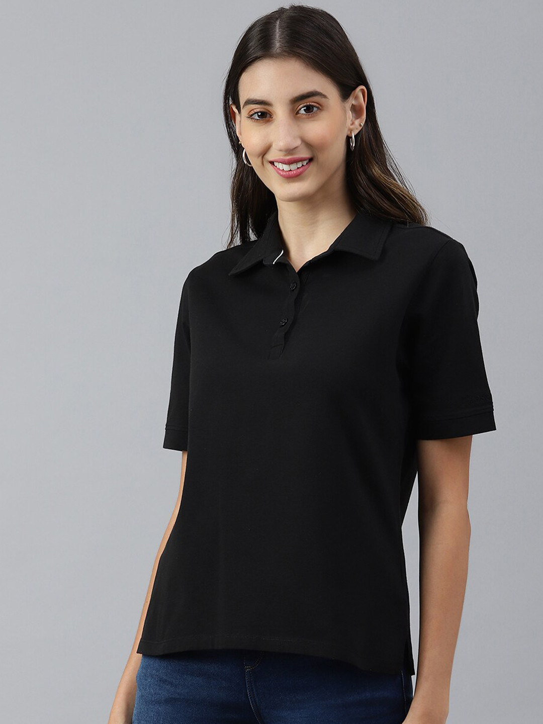 

Xpose Women Black Polo Collar T-shirt