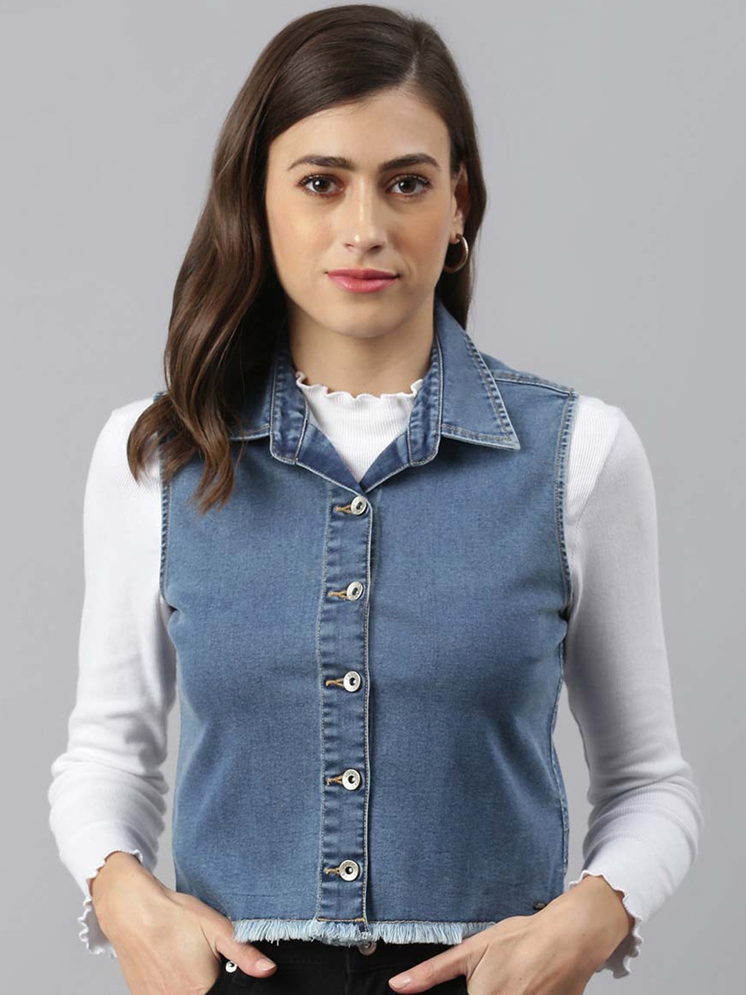 

Xpose Women Blue Lightweight Crop Denim Jacket