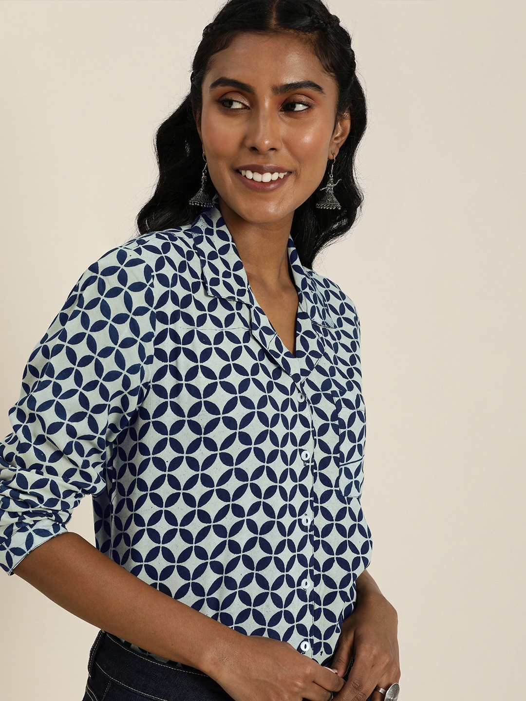 

Taavi Navy Indigo Geometric Print Shirt Style Top, Navy blue