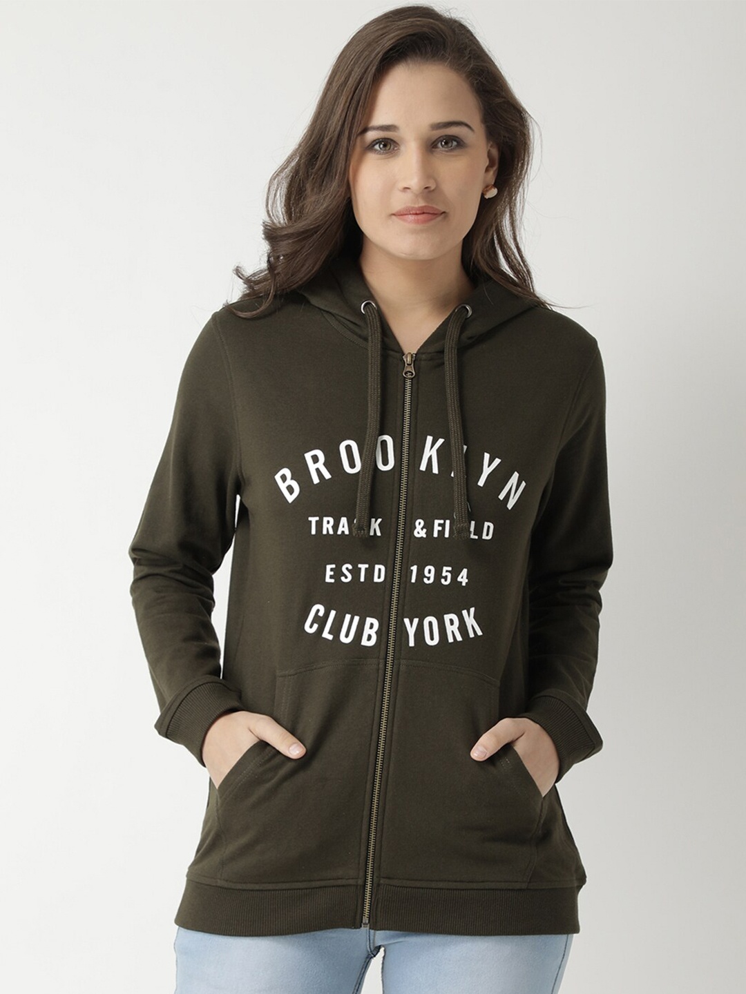 

Club York Women Olive Green Printed Hooded Sweatshirt