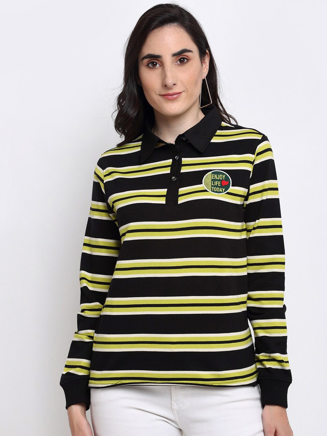 

Club York Women Black & Yellow Striped Sweatshirt