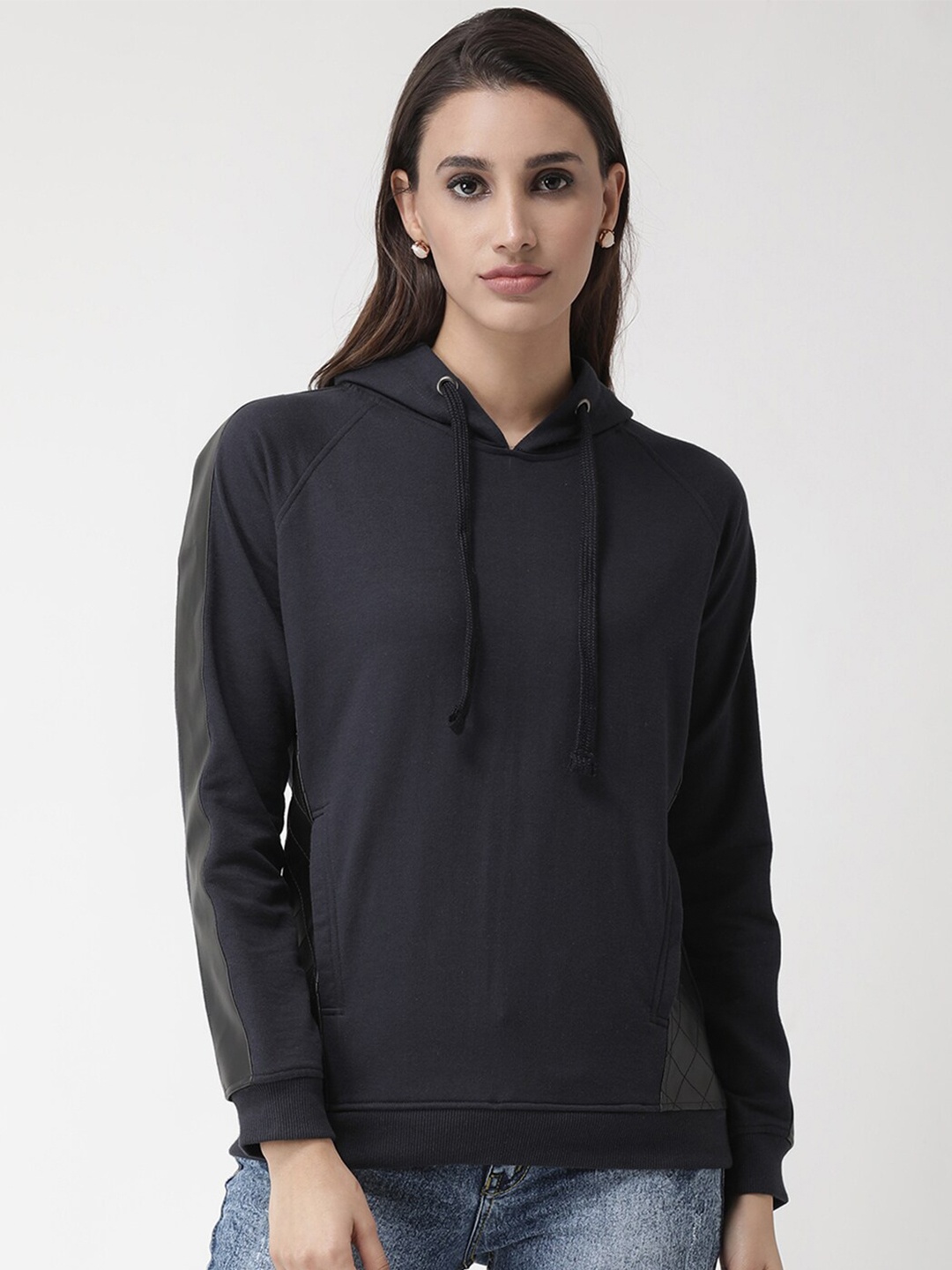 

Club York Women Navy Blue Solid Hood Sweatshirt
