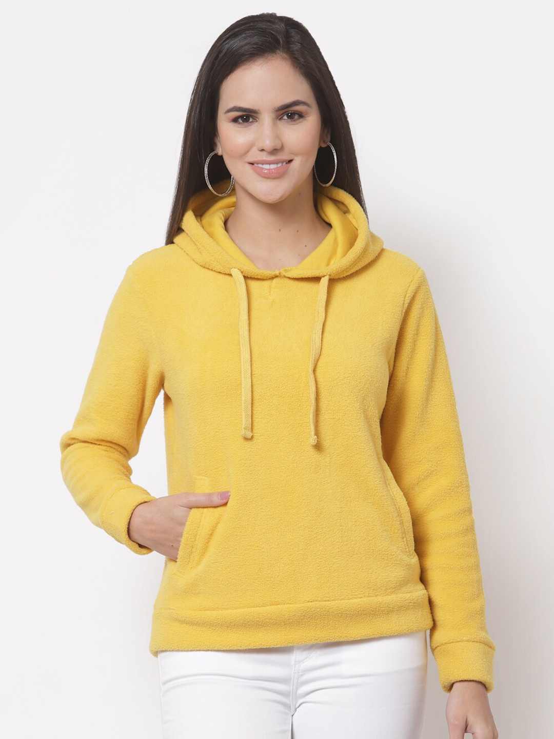 

Club York Women Yellow Solid Hooded Sweatshirt