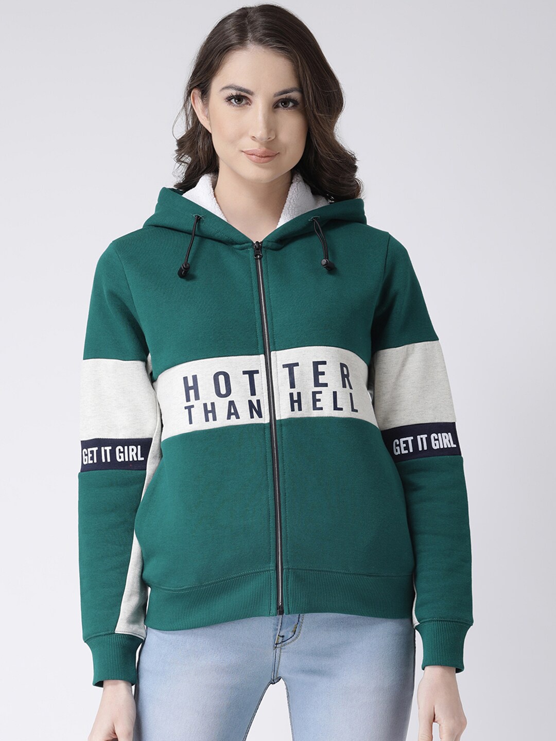 

Club York Women Green Colourblocked Hooded Sweatshirt