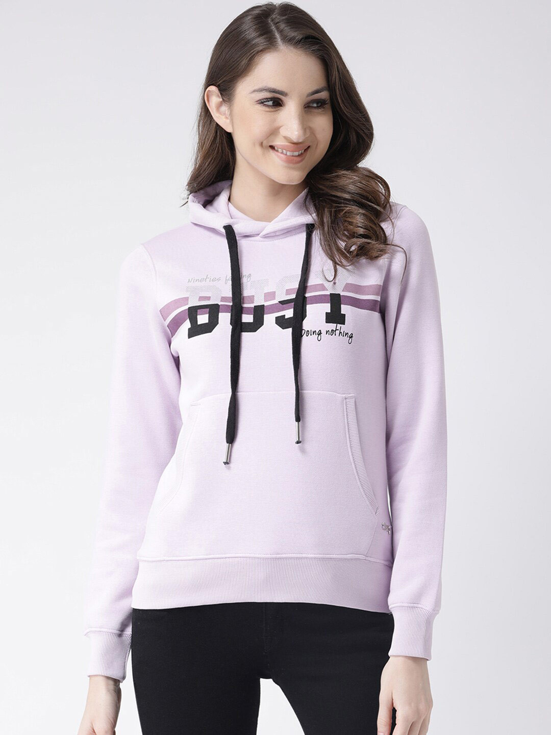 

Club York Women Purple Typography Printed Hooded Sweatshirt
