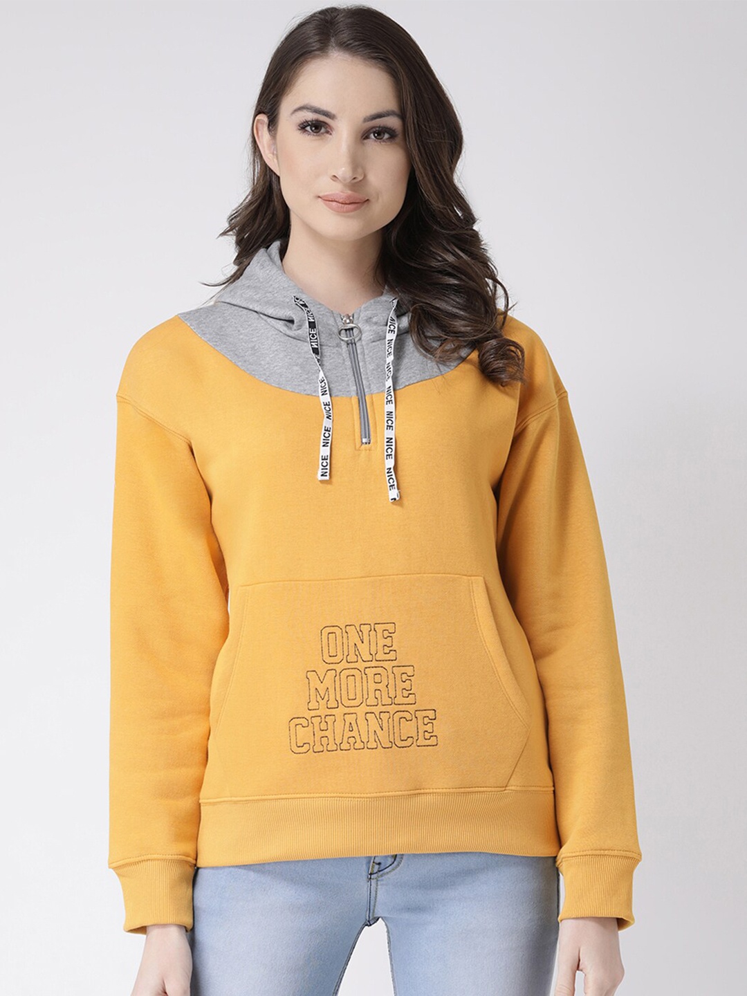 

Club York Women Yellow Printed Hooded Sweatshirt