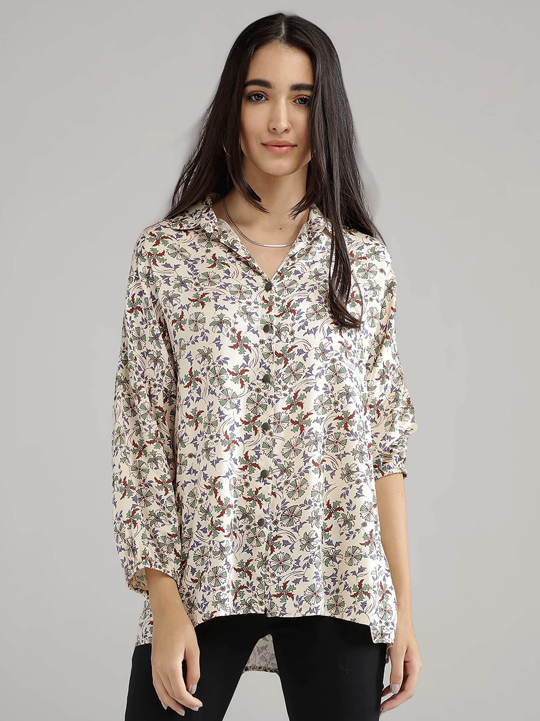 

IDK Women Cream-Coloured & Red Floral Print Top