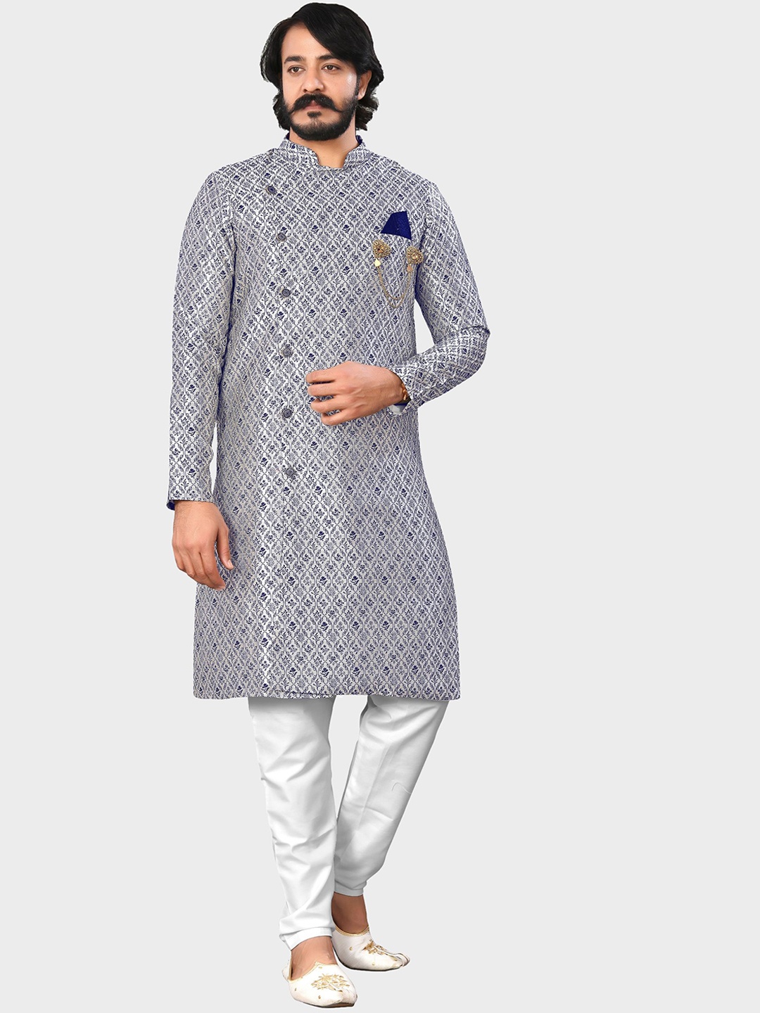 

amzira Men Navy Blue Woven-Design Sherwani