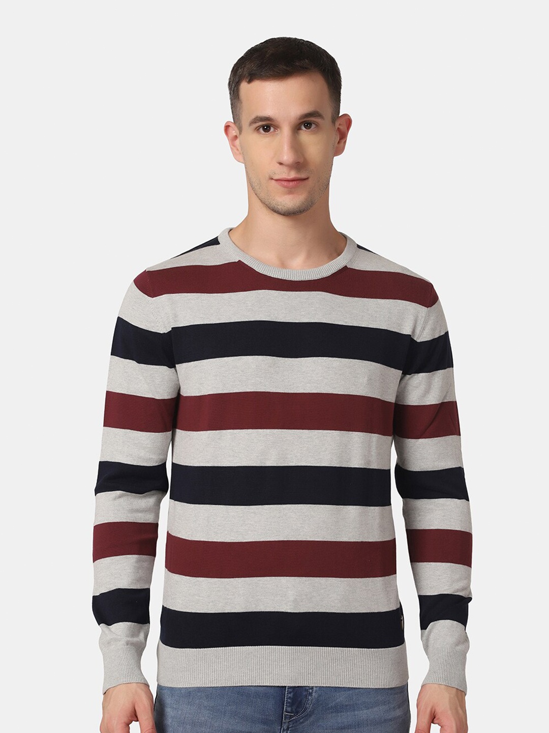 

Blackberrys Men Grey & Maroon Striped Pullover