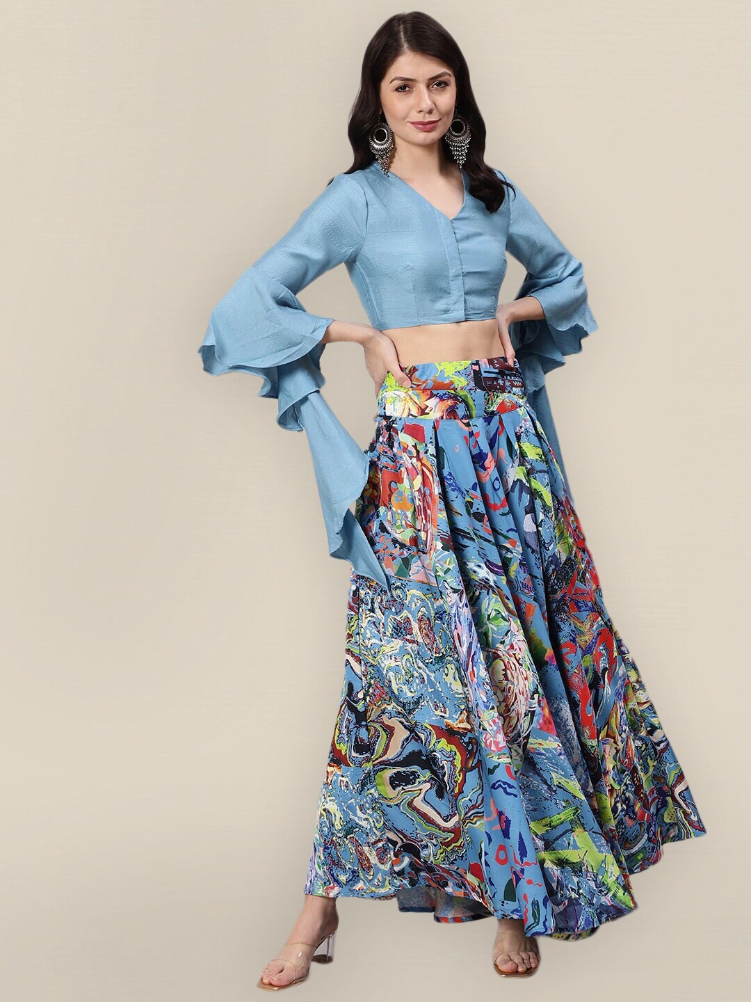 

Sangria Blue & Red Ready to Wear Printed Flared Layered Lehenga Choli